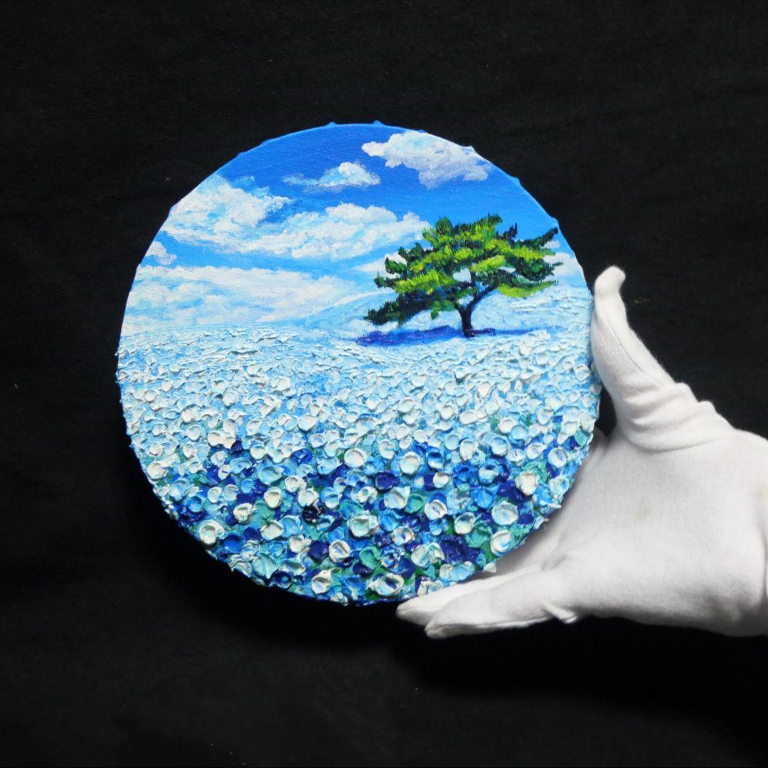 油絵 油彩 油彩画 絵 絵画 円形【ネモフィラの丘】