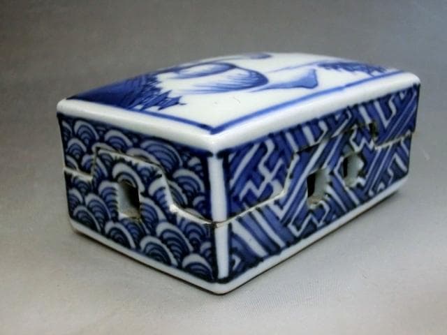 香合■青華山水図「平安北峯」 茶巾盆 平安 北峯白磁染付山水時代物 骨董品■