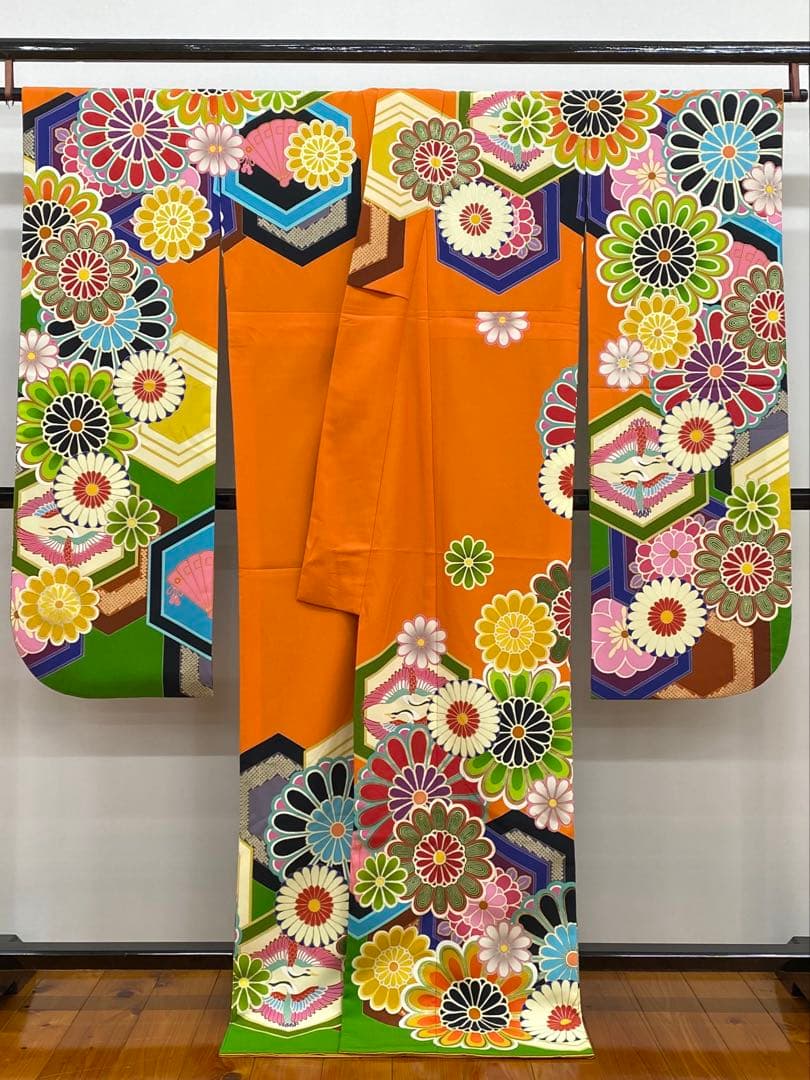 ポリエステル ブランド振袖 ジャパンスタイル 金彩 向かい鶴 身丈171cm