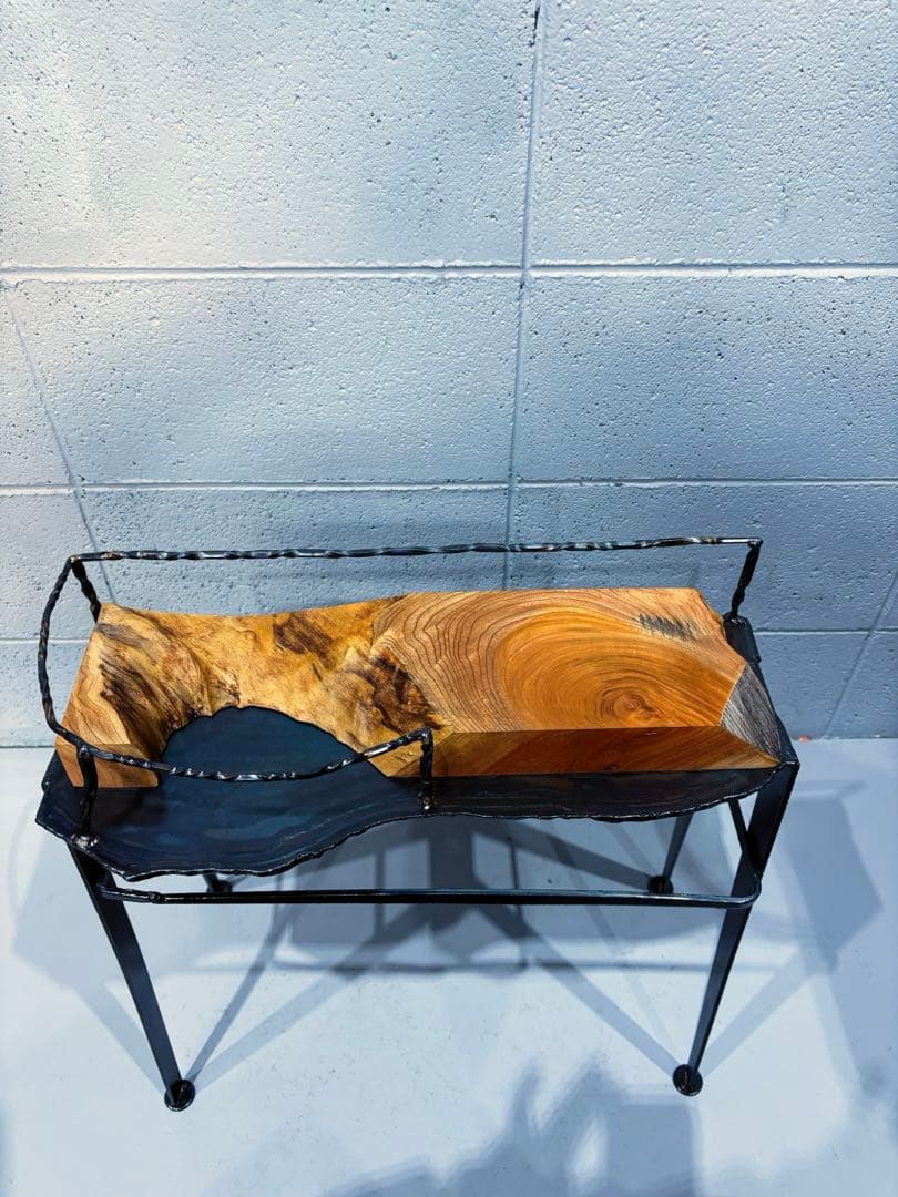 欅材サイドテーブル　鉄家具　アイアンシェルフ　コーヒーテーブル　観葉植物置き台