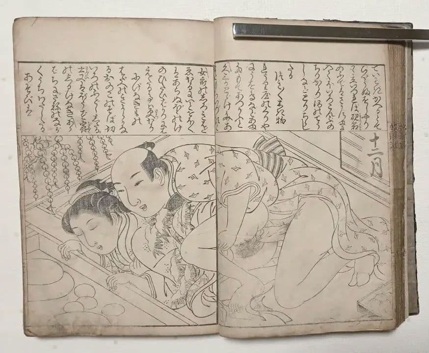貴重春画大型本黒摺版画、女貞訓下所文庫月岡雪鼎画、明和5年頃出版（1768頃)