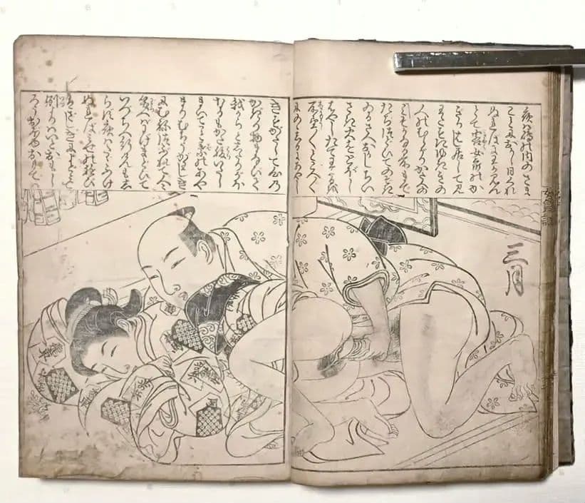 貴重春画大型本黒摺版画、女貞訓下所文庫月岡雪鼎画、明和5年頃出版（1768頃)