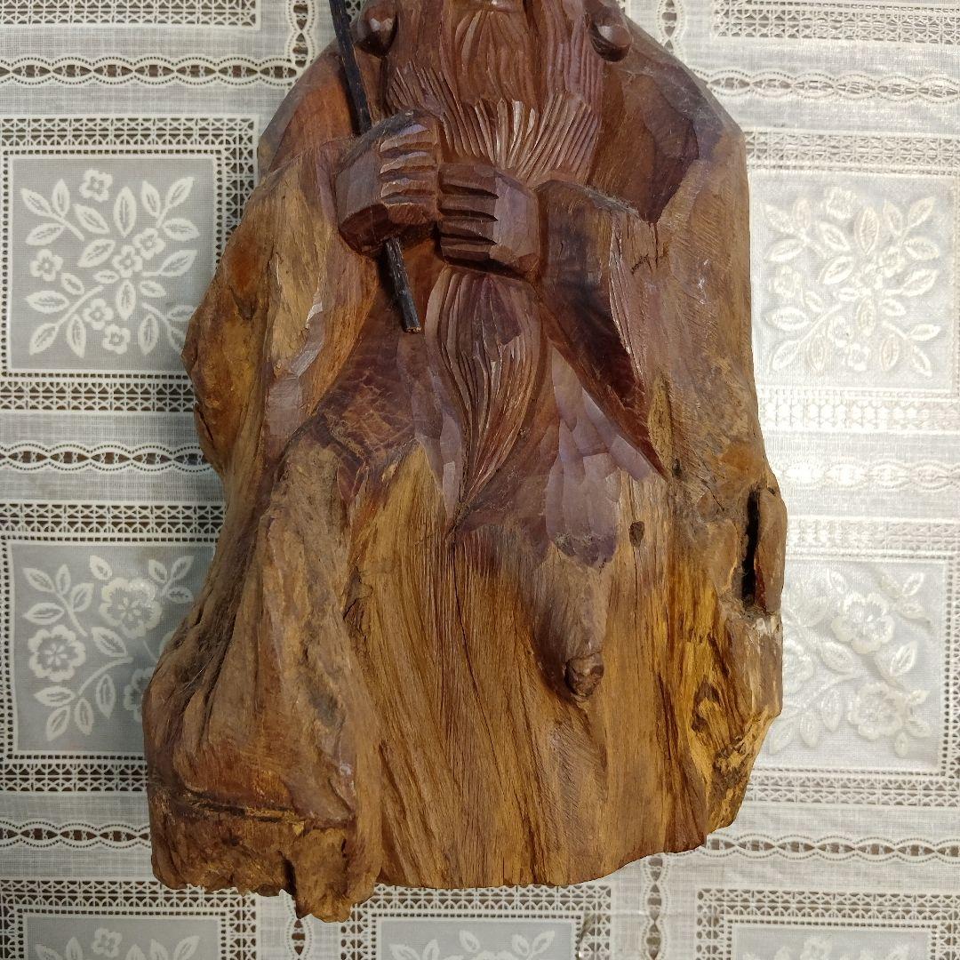 一刀彫『福禄寿　寿老人』逸品、高さ42cm(如意棒含)