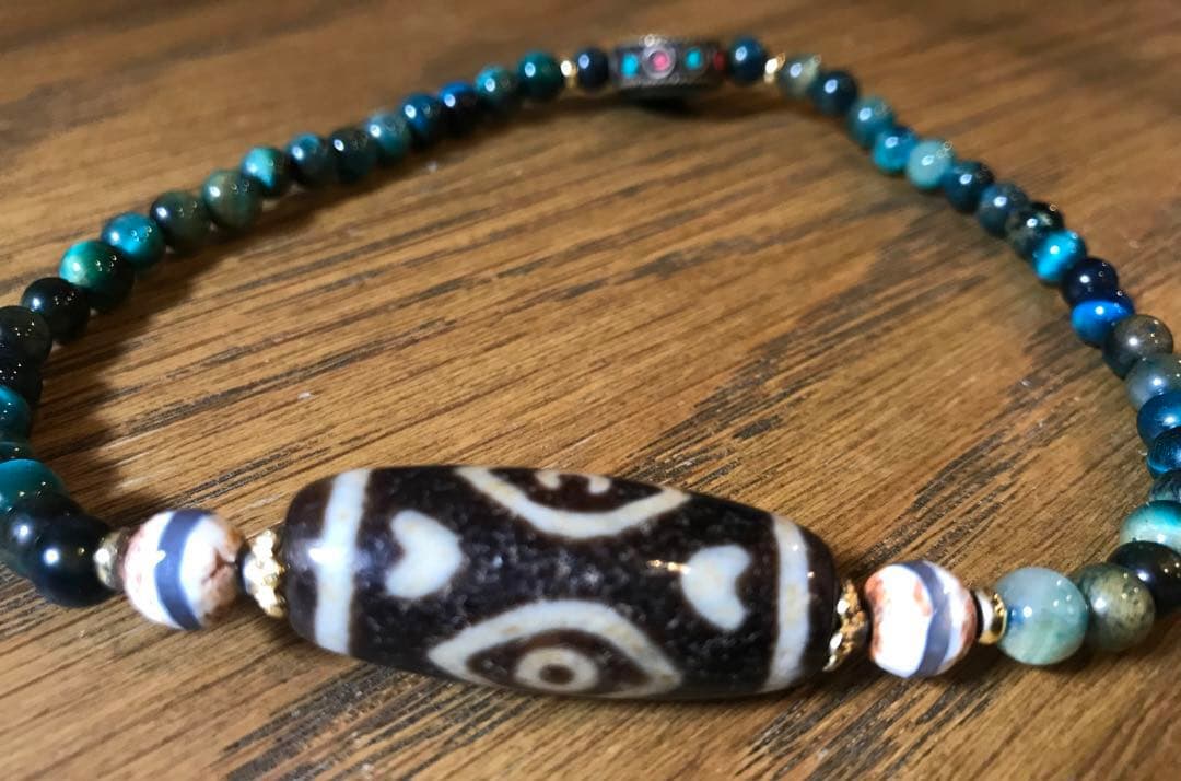 ☘️超レア 龍眼天珠（ドラゴンアイ）ジービーズ Dzi 青虎目石 ブレスレット