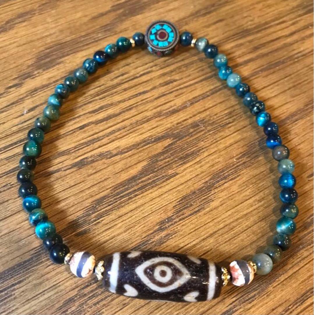 ☘️超レア 龍眼天珠（ドラゴンアイ）ジービーズ Dzi 青虎目石 ブレスレット