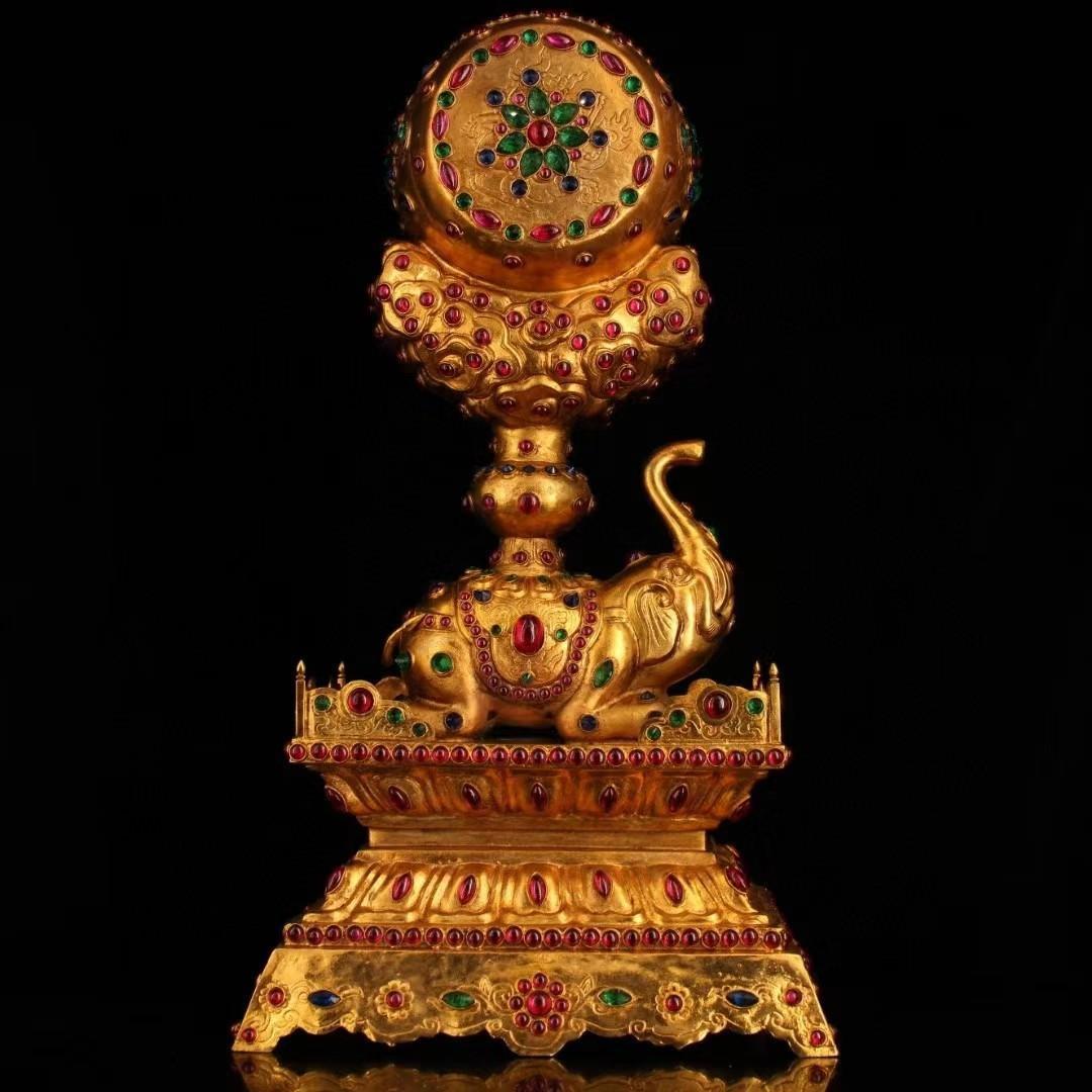 中国古美術・珍品旧蔵・宝石嵌入鎏金象鼓置物・鏨刻鎏金・純銅製・高浮彫・文房置物