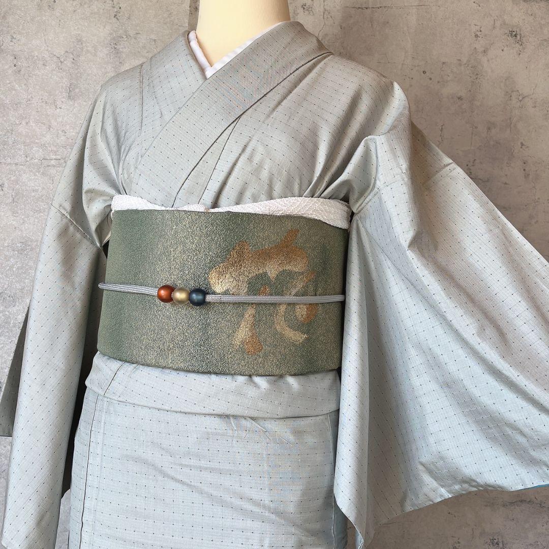 紬　小紋　着物　フルセット　帯漢字　薄いブルーグレー　F7