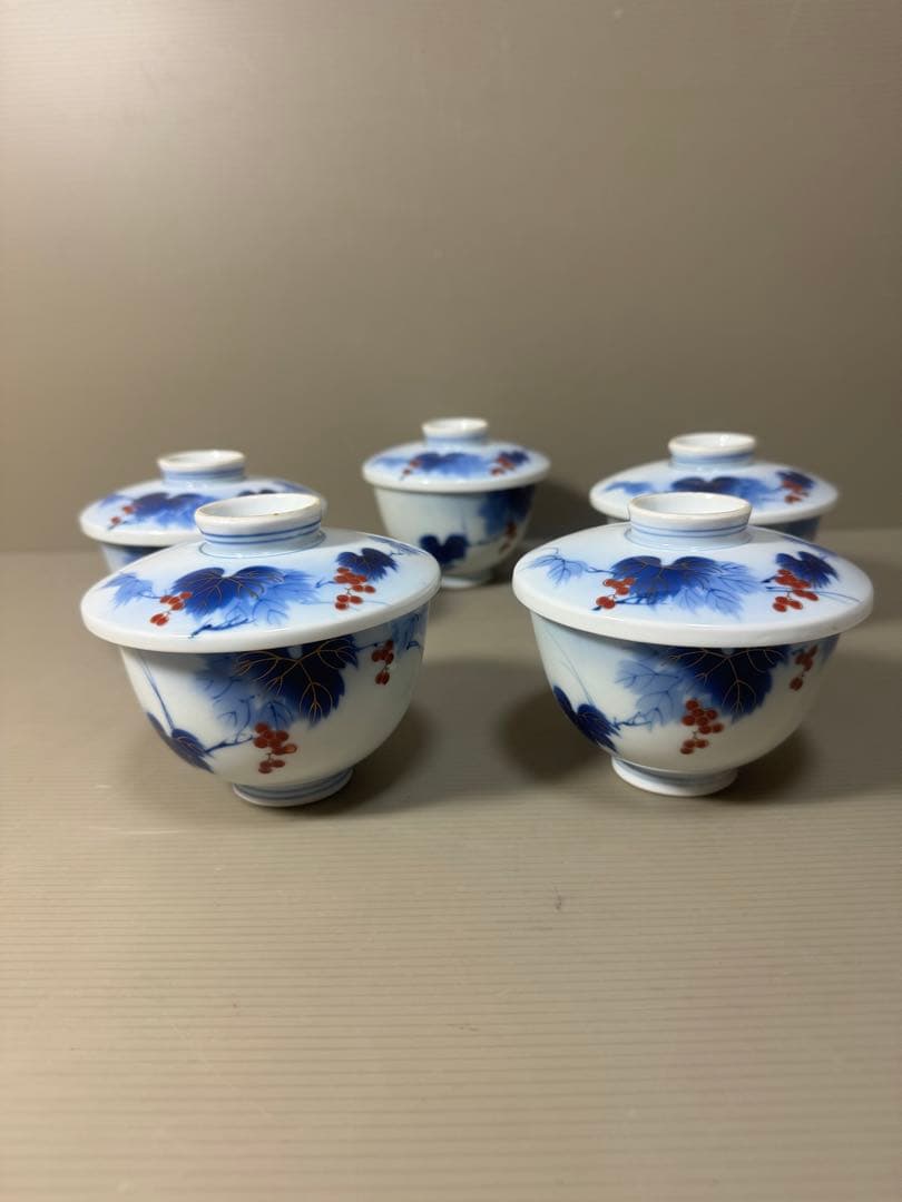 2210 有田焼 芳祥堂特製　葡萄瑠璃　湯呑蓋付　5客