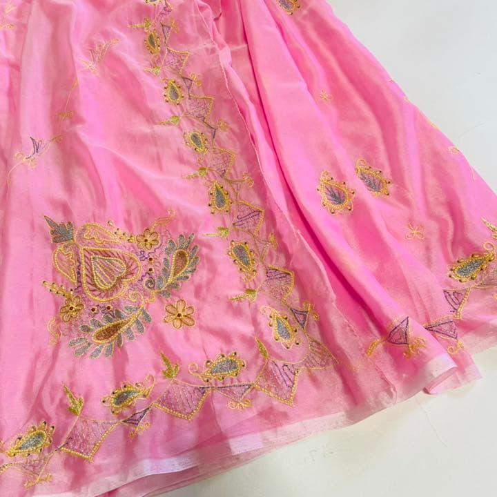 インド　サリー　豪華な刺繍　ピンク　シフォン　民族衣装