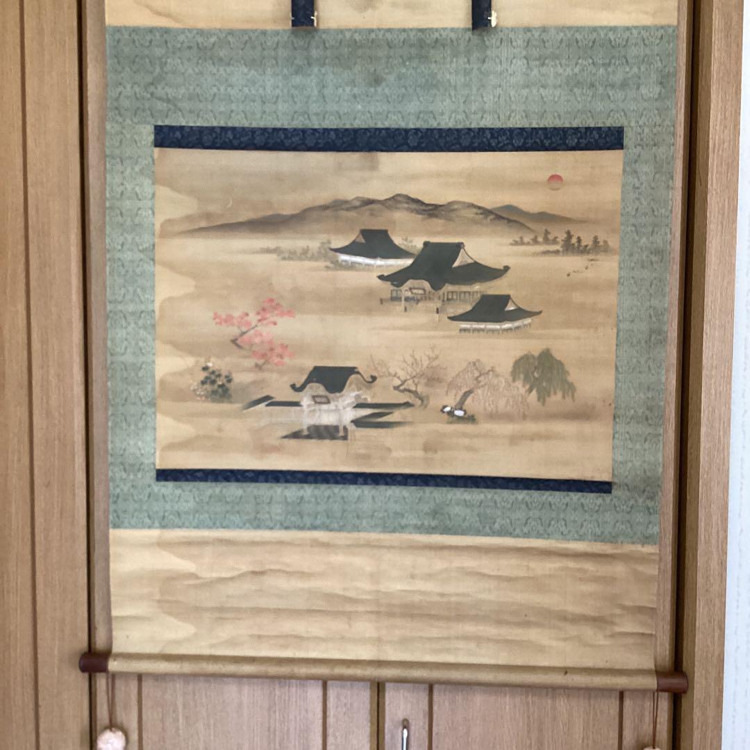 土佐派画紙本【朗詠集祝之詩意】不老門、長生殿之図　掛軸一幅　軸先良品　438