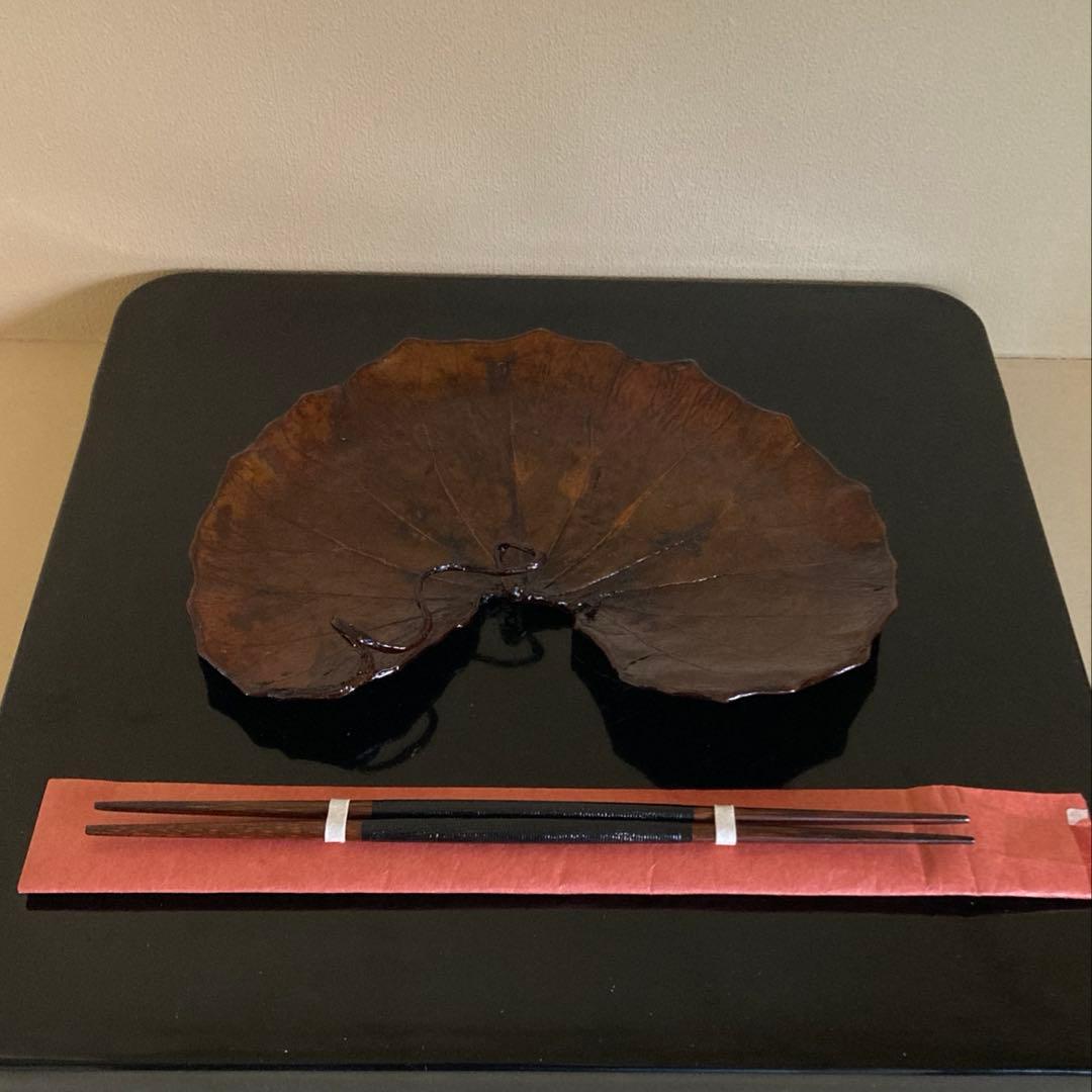 R*O様 茶道具 山中漆器 信斉作 一閑張 石蕗 干菓子盆 漆器 塗箸 共箱・栞