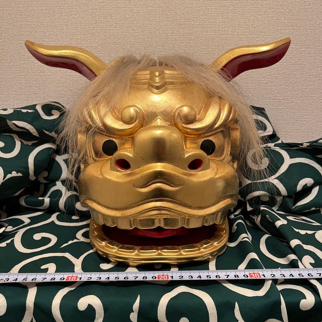【希少】　獅子舞　獅子頭　金箔　木彫　魔除け　金彩　古美術　木製 木彫 お祭り