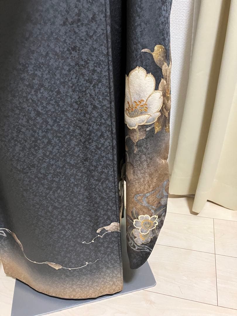 くすんだ黒 墨色 正絹振袖 全て揃ったフルセット M～トール