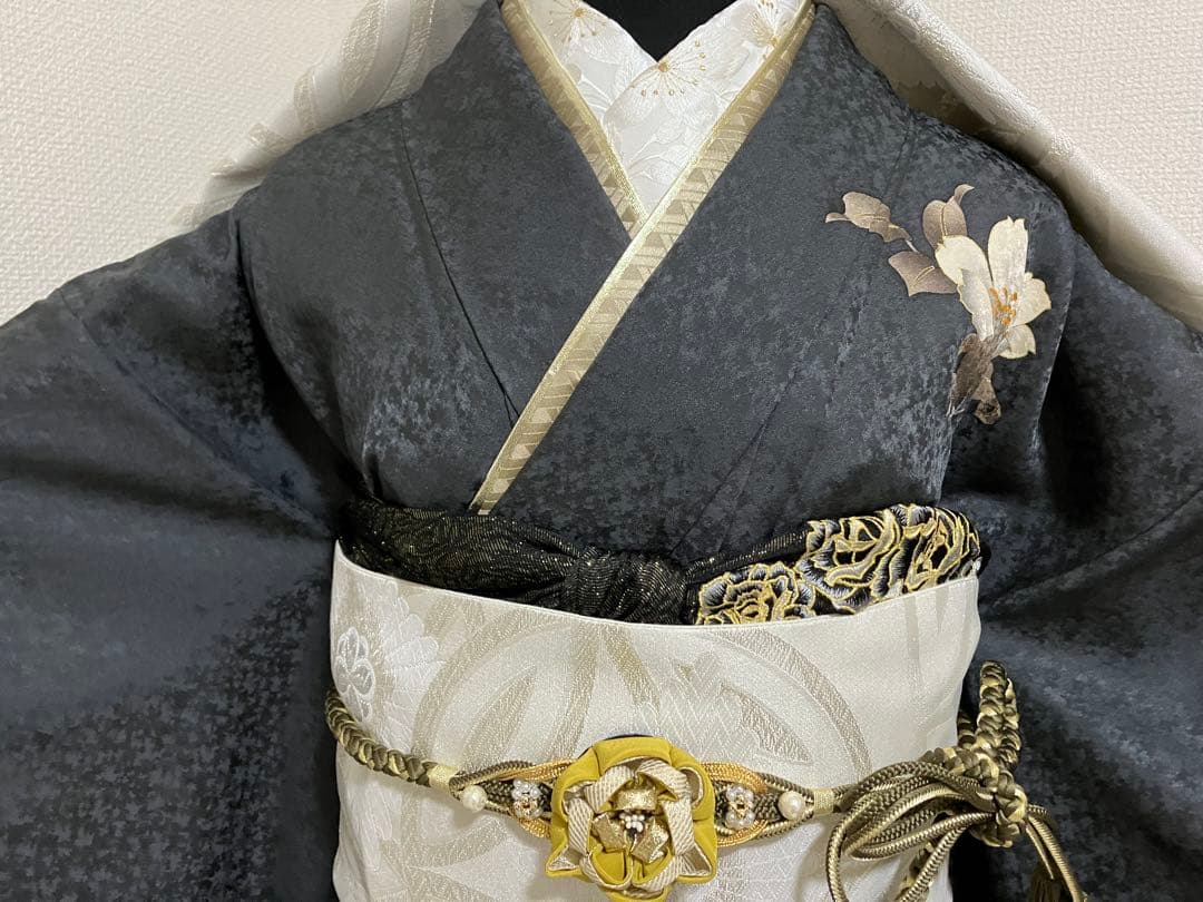 くすんだ黒 墨色 正絹振袖 全て揃ったフルセット M～トール