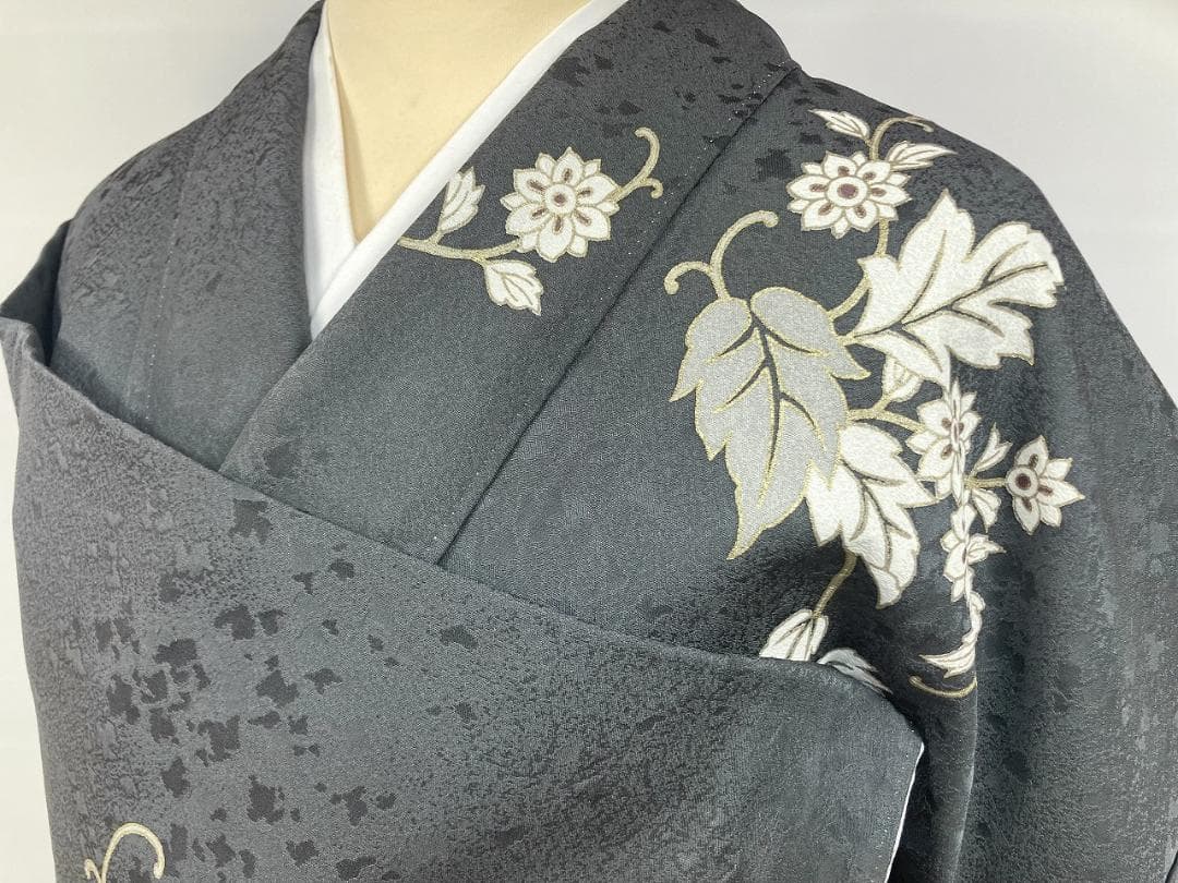 京友禅 金駒刺繍 トールサイズ 金彩 唐花 訪問着 袷 黒 グレー 白 1387
