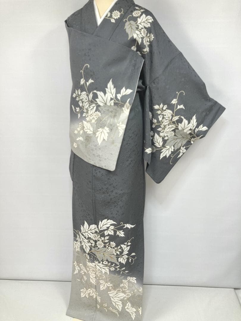 京友禅 金駒刺繍 トールサイズ 金彩 唐花 訪問着 袷 黒 グレー 白 1387