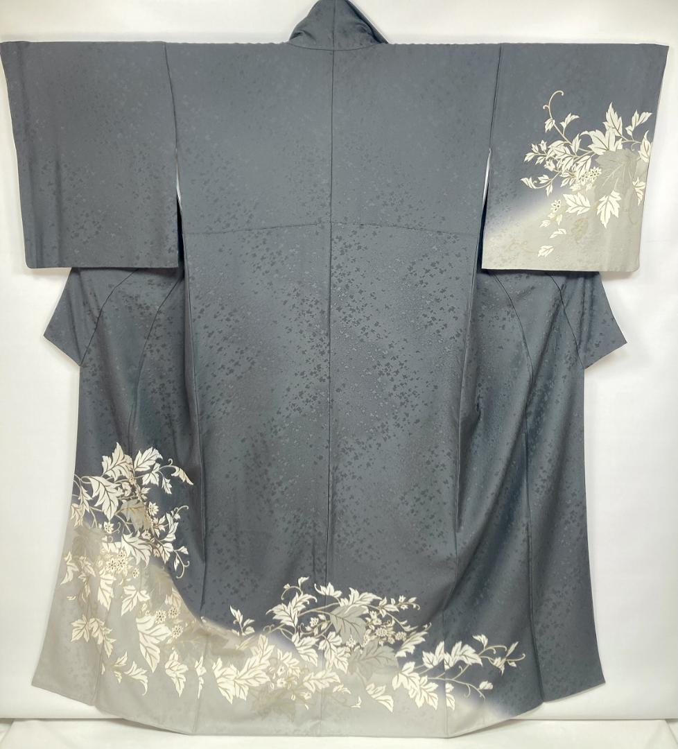 京友禅 金駒刺繍 トールサイズ 金彩 唐花 訪問着 袷 黒 グレー 白 1387