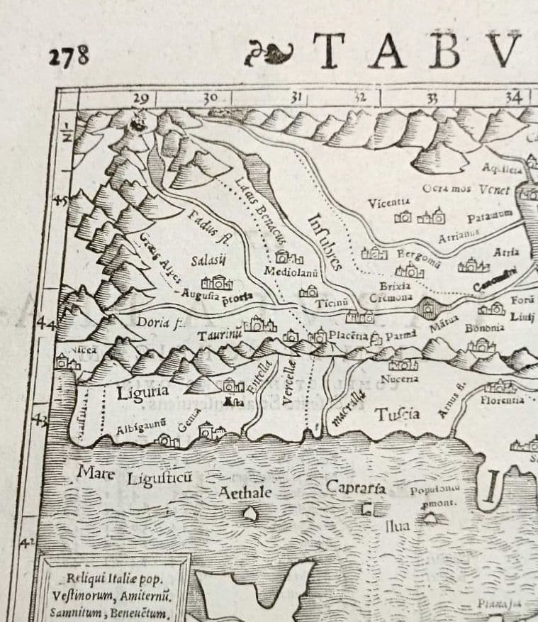 お値下げ　額装品　古地図　1571年　木版画　S.ミュンスター「イタリア全図」