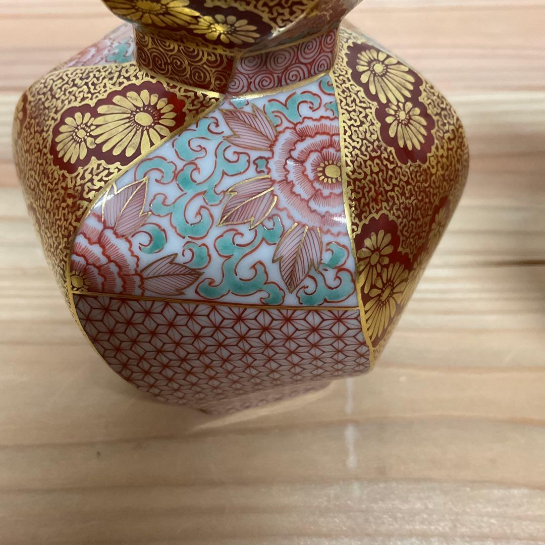 九谷清山　赤絵金彩小紋　捻瓢型徳利　1対