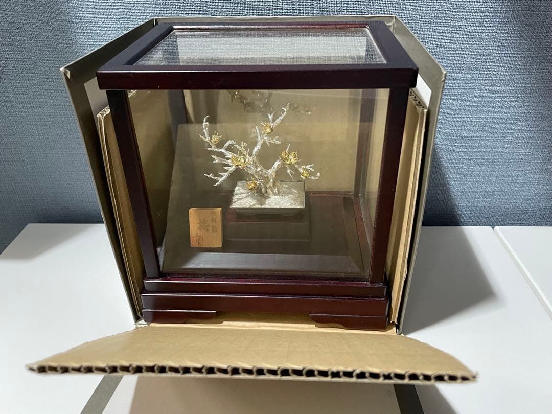 純銀盆栽　１号　梅　光則作 置物 ガラスケース入りインテリア シルバー細工　梅金