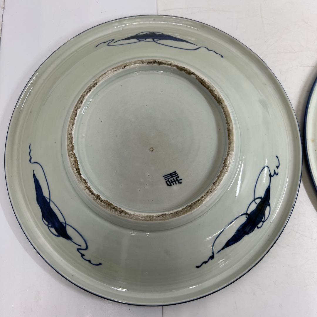 古伊万里　上手染付大皿2枚　木箱付　直径約37㎝　東Y7-0626②タニチ