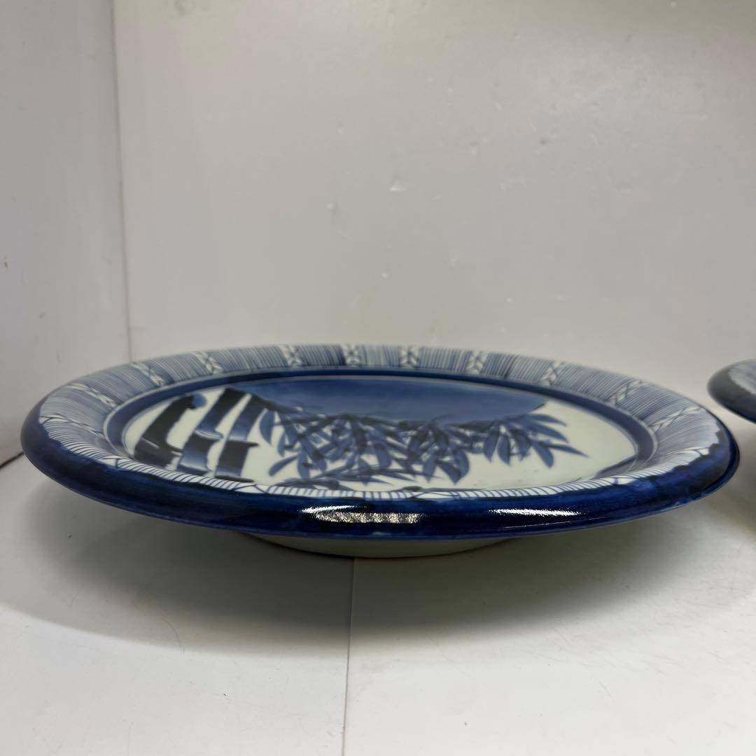 古伊万里　上手染付大皿2枚　木箱付　直径約37㎝　東Y7-0626②タニチ