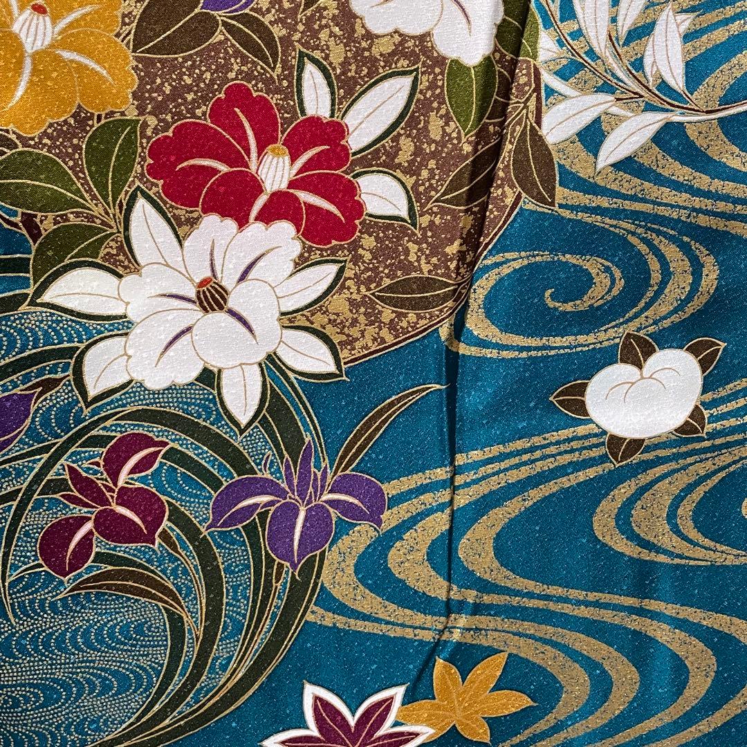 D770 振袖　花模様　流水　金彩　正絹　着物　袷　極美品
