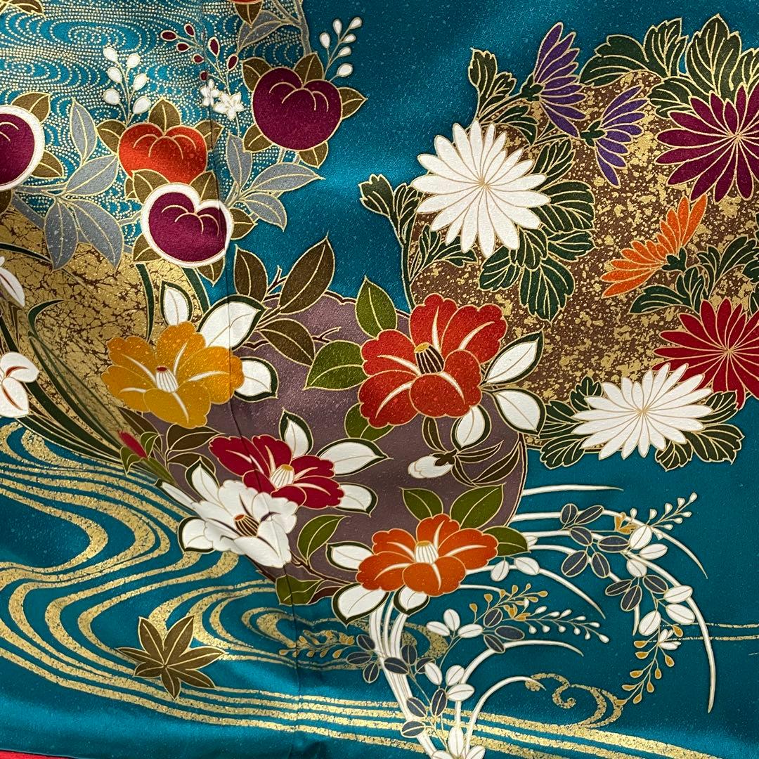 D770 振袖　花模様　流水　金彩　正絹　着物　袷　極美品