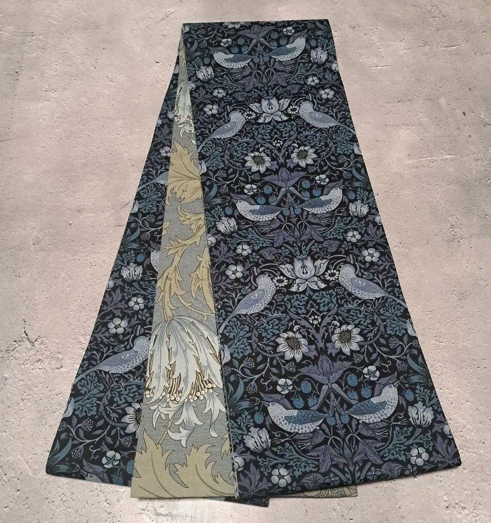半幅帯　長尺　ウィリアムモリス　いちご泥棒　インディゴ×アネモネ　リバーシブル