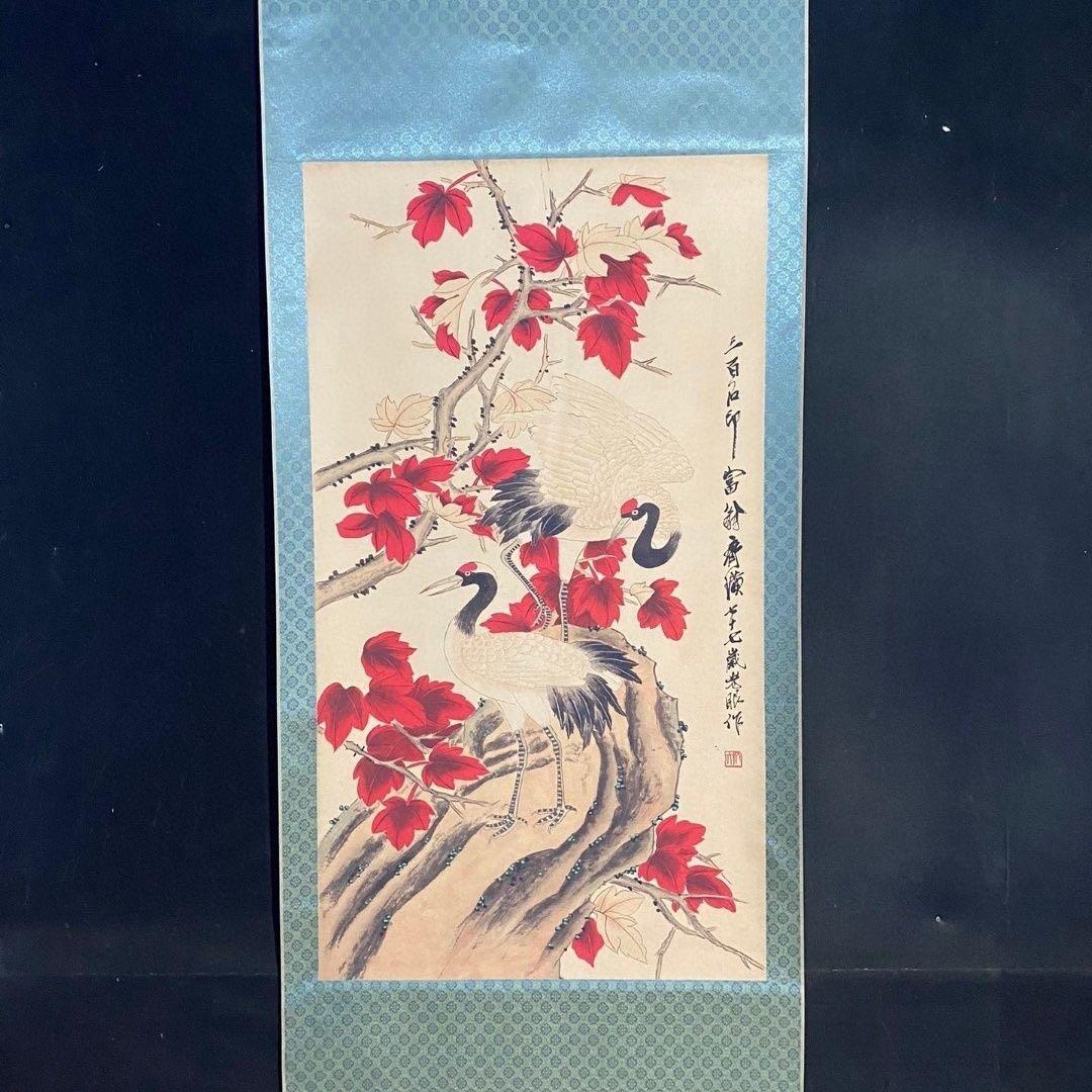 【掛軸】花鳥図「紅葉双鶴」齐白石風 四尺中堂 手工仕立て 180×70cm