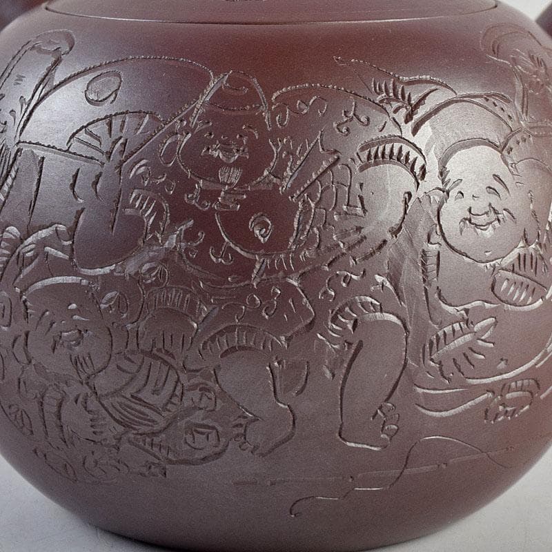 萬古焼　美月窯　伊藤美月作　七福神之図　茶注　急須　共布共箱　M　R9431