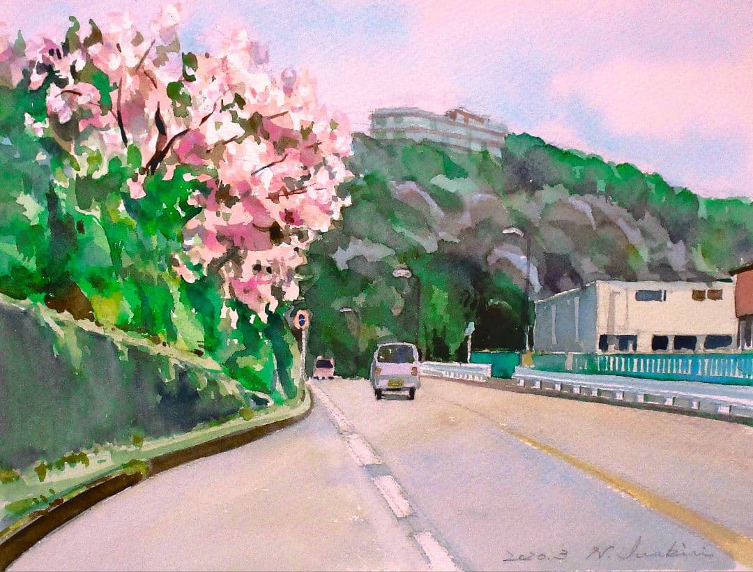 桜の風景 水彩画 原画 F6サイズ 額装付き