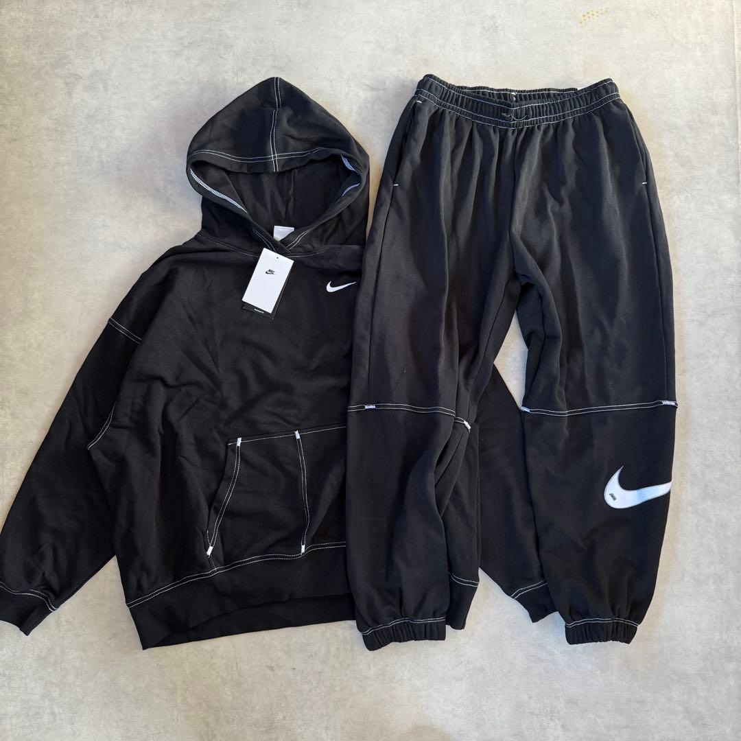 NIKE パーカー ブラック ホワイト ロゴ swoosh 上下 セット M