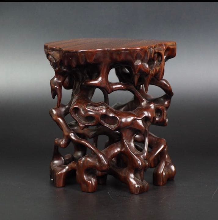 送料無料 古い透かし彫り唐木花台