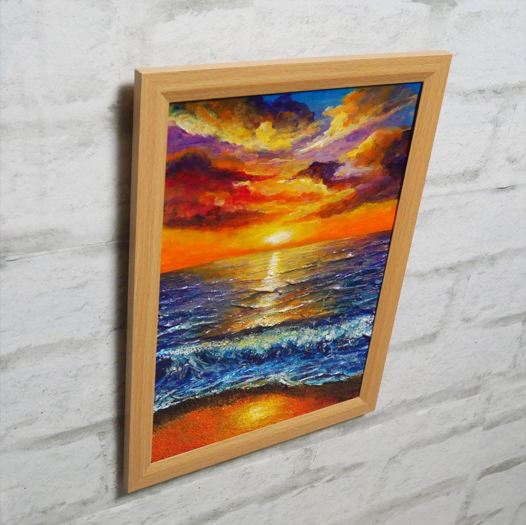 油絵 油彩 油彩画 絵 絵画 【水平線に沈む夕日】A4