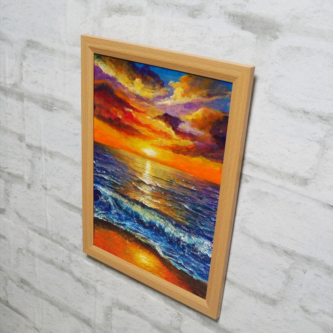 油絵 油彩 油彩画 絵 絵画 【水平線に沈む夕日】A4