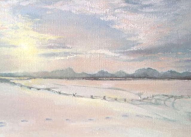 油絵 菅家令子 絵 絵画 インテリア 額付(黒) F6-030707 雪 朝夕陽