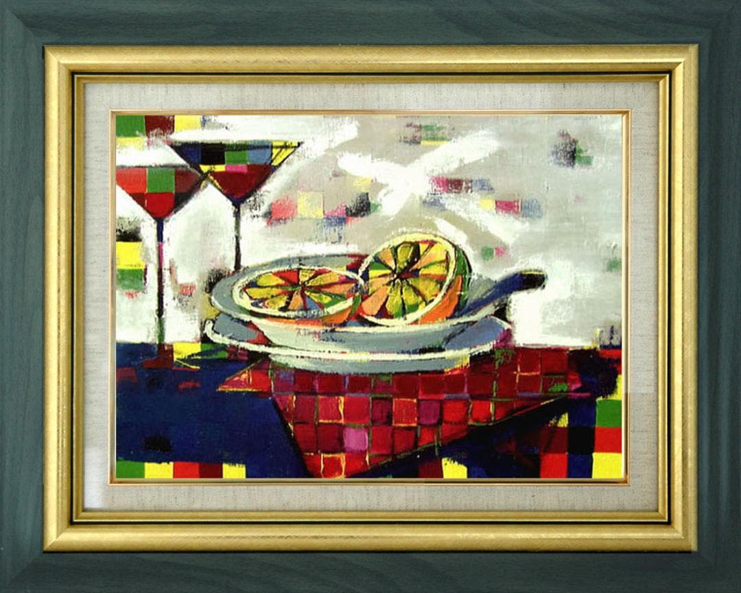 油絵 菅家令子インテリア 額付(青緑＋金色の枠) uF6-061703 フルーツ