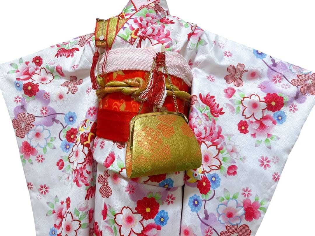 白系総柄♡七五三　7歳　女の子　フルセット　一式　赤