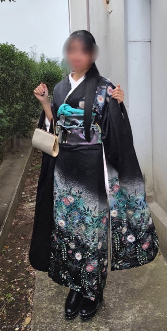 成人式　振袖 黒と青の花柄 着物