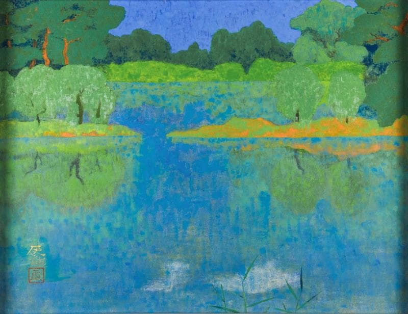 高山辰雄　岩絵具　肉筆『夏日』サイン(印譜)　共シール　P12号　額装　b327