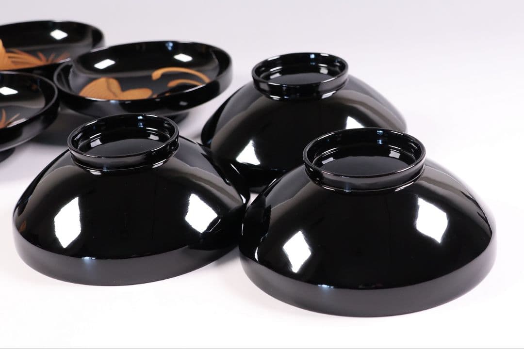 【CM401】天然木漆塗 菊桐鳳凰金蒔絵 黒塗 吸物椀 三客 昭和期 木製漆器