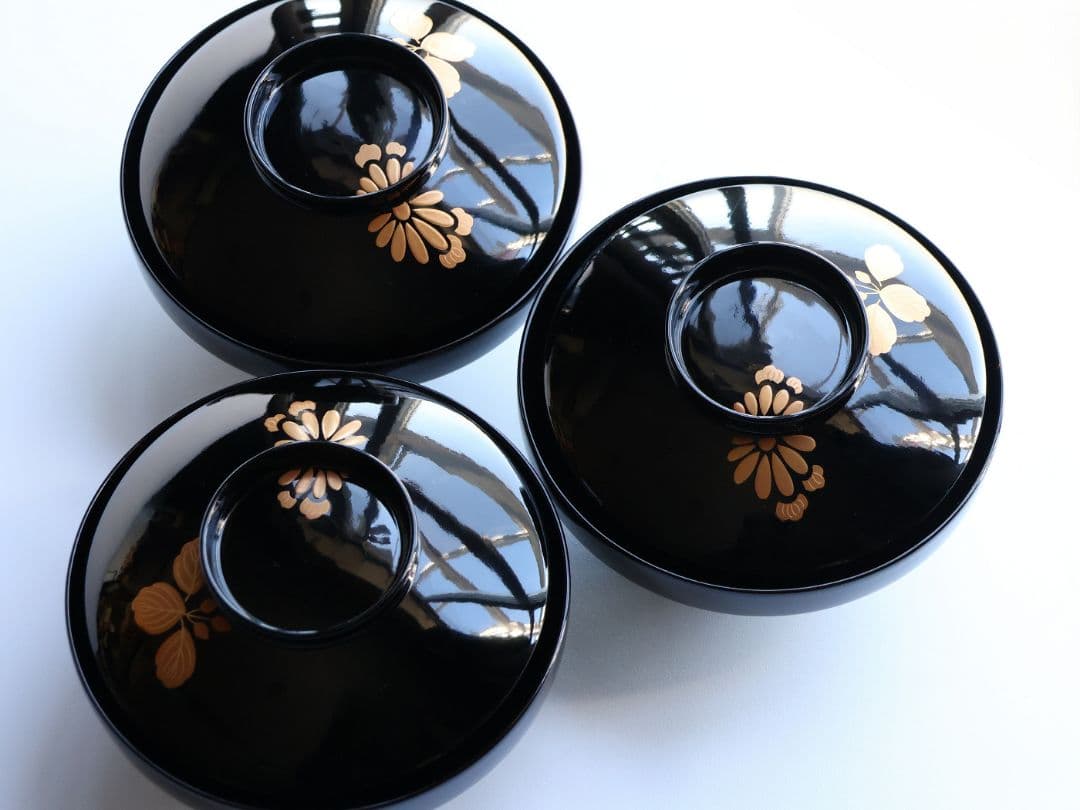 【CM401】天然木漆塗 菊桐鳳凰金蒔絵 黒塗 吸物椀 三客 昭和期 木製漆器