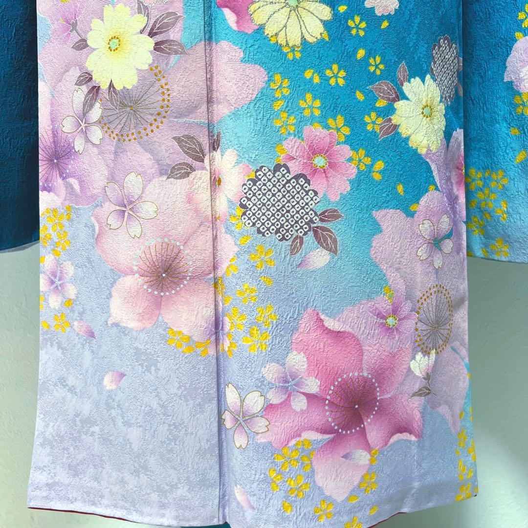 432 振袖フルセット 正絹 青緑 納戸色 桃 ブルーグリーン 銀彩 暈し染め