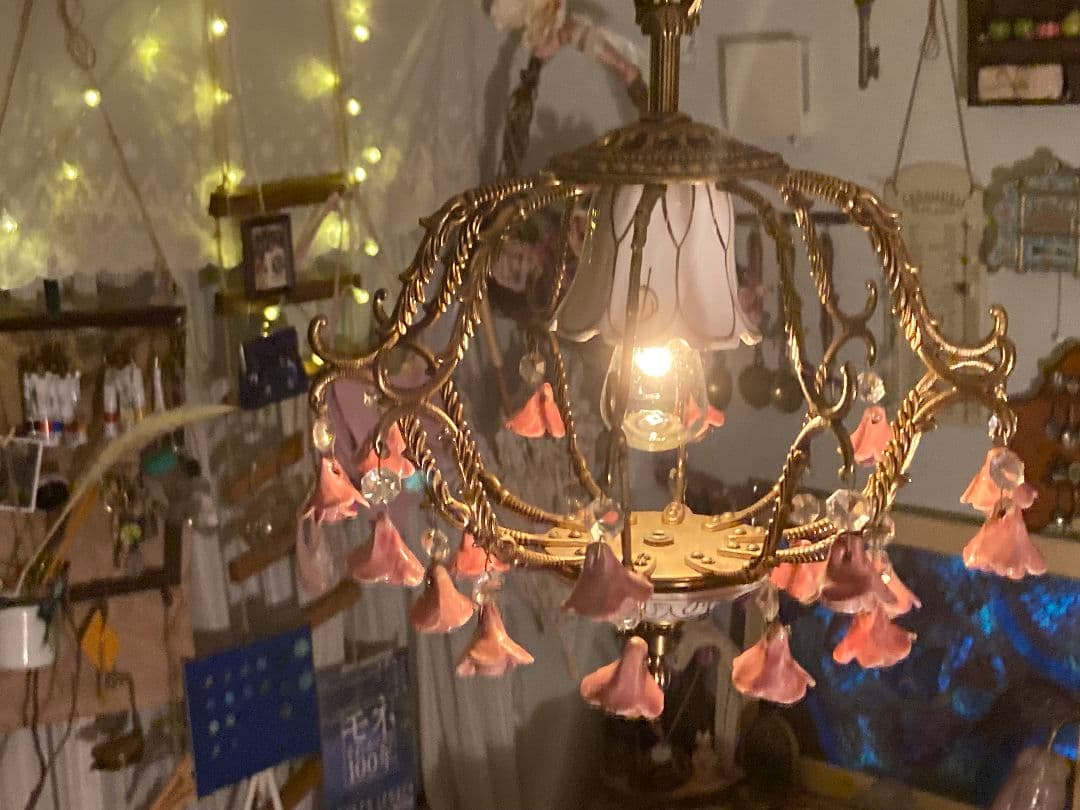 フランスアンティーク シャンデリア ピンクローズ モチーフ シャンデリア