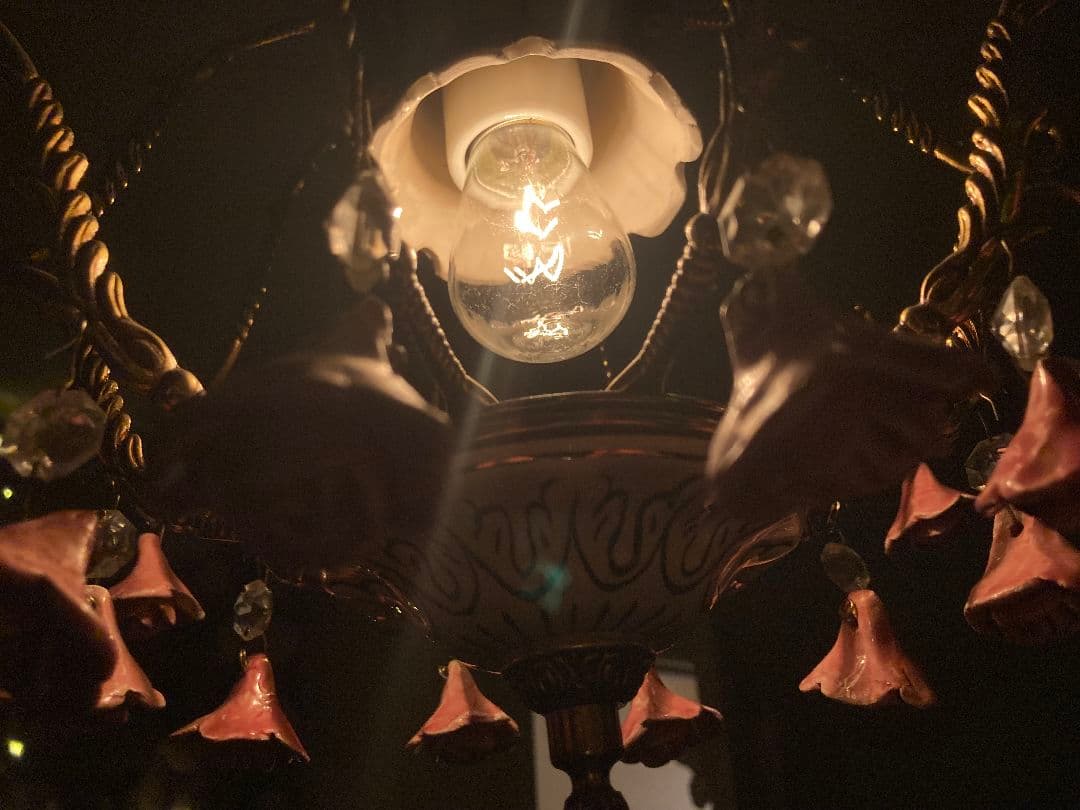 フランスアンティーク シャンデリア ピンクローズ モチーフ シャンデリア