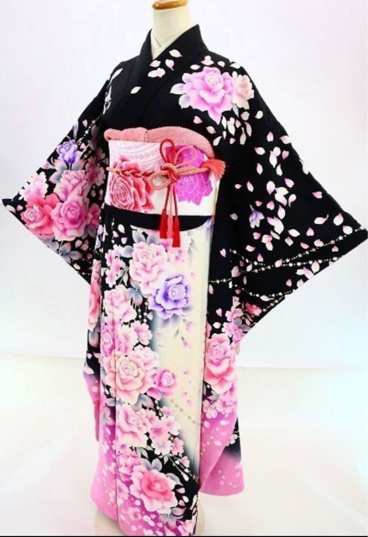 最終値下げ 振袖セット 着物 花柄 黒 ピンク 紫 成人式