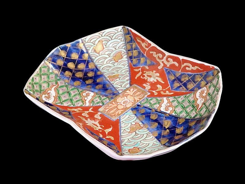 古伊万里　金襴手　波千鳥に幾何学紋の図　熨斗型変形皿　２枚E603AS-fbsj