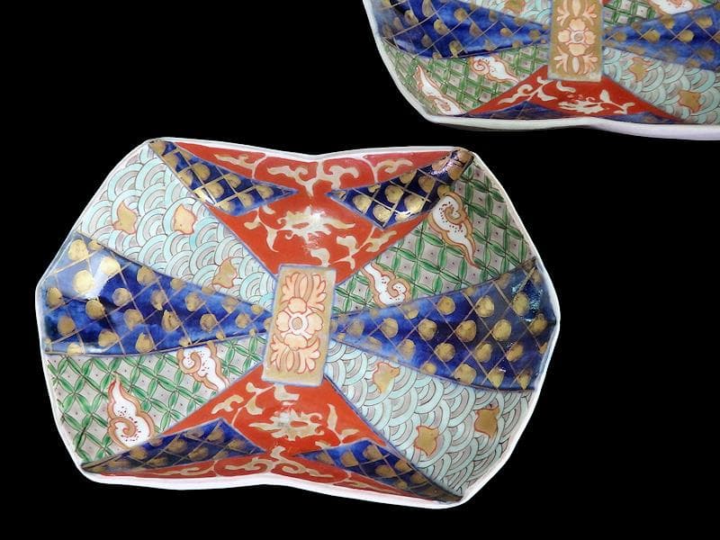 古伊万里　金襴手　波千鳥に幾何学紋の図　熨斗型変形皿　２枚E603AS-fbsj