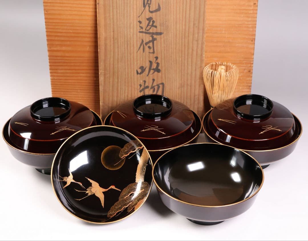 【CM379】大正期 月と松 飛翔鶴 金蒔絵 欅地溜塗 黒塗 椀四客 木製漆器